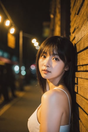 Raw photo of Chinese females, Pure pretty face,  lean forward, sensual hanfu, medium breasts, highly detailed, shot on film, film grain, posing at old streets of  jiufen, nighttime night streetlight, wooden wall