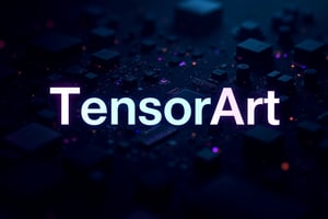 digital render of a logo, words \"TensorArt\" in big centered text with a futuristic font, tech theme, motherboard texture background, astroflux_v101