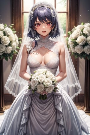 masterpiece, beautiful face, expression smiling, cute girl, seductive look, , beautifull  imkiss, wedding dress, cerio , wedding dress,  japanese ceremonial wedding dress, bouquet of flowers in hand, pink sweater, ruitachibana, standing, ruitachibana,short blue hair, red eyes, small breast,