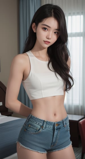 centered, 22 years old woman, pure face, beautiful face, long messy hair, hands behind back, crop top, navel, midriff, open denim shorts, hotel room, bokeh, depth of field, | hyperelism shadows, 
