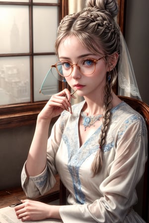 Highly detailed, masterpiece, 1girl, bride braids hair, looking_at_viewer, shy, brush, upper_body, wearing big eyeglasses, spectacles,blue eyes, wearing oversized shirt, sharp focus, sitting on bed, bokeh, metal reflection, most beautiful girl, best quality, 3d, 16k, ((very small tatoo on neck:1)), realistic, natural skin, photorealistic, raw photography, real skin, ((27 yrs old:1)), ((one hair bun:1)) , fit