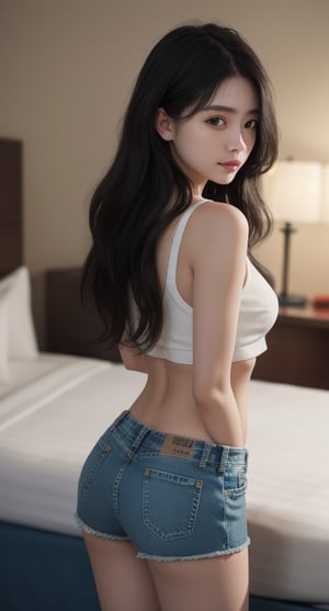 centered, 22 years old woman, pure face, beautiful face, long messy hair, hands behind back, crop top, navel, midriff, open denim shorts, hotel room, bokeh, depth of field, | hyperelism shadows, 
