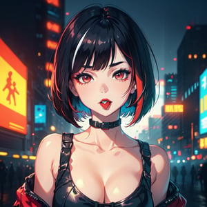 1 teen girl,solo, upper body,looking at viewer, cyberpunk background, bob cut, short hair, multicolored hair, makeup ,  red lips, eyeliner, tongue lick ,walkure /(takt op./), medium breasts, cleavage