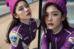 portrait of 1girl, fluffy long hair, soft light, rim light, beautiful shadow, low key, (photorealistic, raw photo:1.2), (natural skin texture, realistic eye and face details), hyperrealism, ultra high res, 4K, Best quality, masterpiece, ((PURPLE RACING SUIT)), ((Race track background)), beanie_hat, looking into viewer