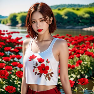 masterpiece,(dynamic pose),korean girl,flowers,river behind, smirk, solo, 1girl, realistic,  brown eyes, red lips, looking at viewer, white tank top outfit, open belly, portrait,(shot on Fujifilm X-S20), 200 mm lens, shadow, full-body shot, lowkey,backlit shooting, pigtail hair, brown hair, wet, shy