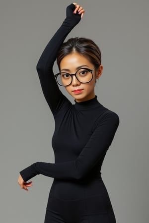 lynn female petite slim wearing round glasses, in catsuit, raising one arm up, full body photo