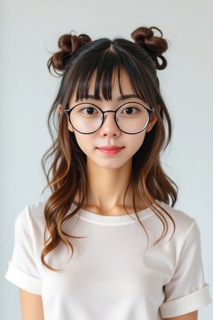 Lynn stands confidently in a bright, sunlit room with a plain white background. She faces directly at the camera, her round glasses framing her gentle features. Her straight bangs fall just above her eyebrows, with loose strands framing her face on either side. Wavy hair cascades down her back, and two tidy side-buns sit atop her head, adding a touch of whimsy to her overall demeanor. lynn, female asian slim petite