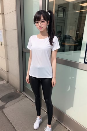 as an slim fit asian woman wearing round glasses standing sexy wearing tight leggins she have straight bangs and a side ponytail,  1girl,  solo,  glasses,  black hair,  looking at viewer,  realistic,  black-framed eyewear,  side-ponytail hair,  full body picture, medium length hair
