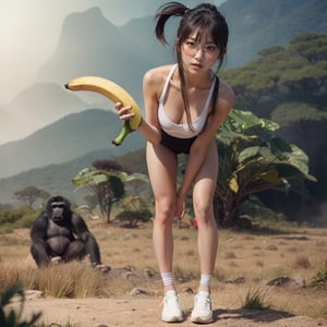 full body, an asian female slim sexy fit with small breast, straight bangs and side ponytail hair, wearing round glasses and leggins and shoes, holding a long banana with one hand, bending the back and Approaching to viewer, next to a gorilla
