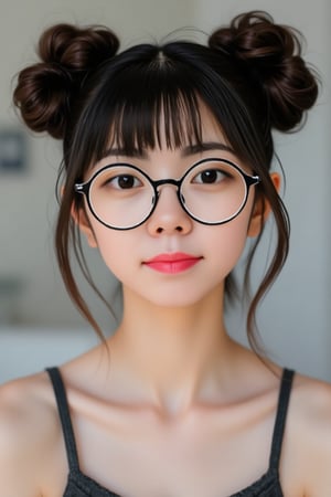 Beautiful female, with two side buns, dark brown hair, light brown eyes, fuchsia lips, short lenght hair wavy, lynn, Lynn, light skin, slim petite, round glasses, straight bangs