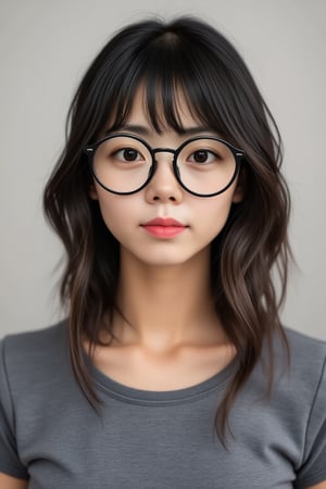 1girl, lynn, Asian young female slim fit wearing round eyewear glasses big black-framed round eyewear, straight bangs long at sides with long strings of hair at sides of the bangs, wavy hair, full body picture