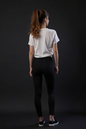 lynn, Lynn, petite, slim, Lynn's confident pose is captured from behind, showcasing her slender physique against a simple, dark background. Her ponytailed hair flows down the back of her head, framing her sleek black sneakers and black denim pants that peek out from under a white T-shirt with short sleeves. A subtle smile plays on her lips as she gazes off-camera, her round black-framed eyewear adding sophistication to her profile.