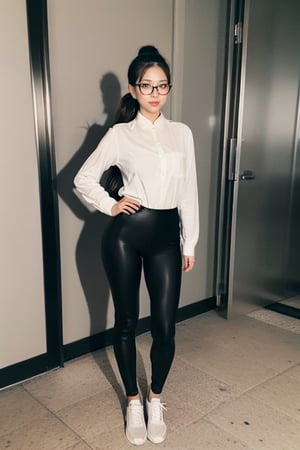 as an slim fit asian woman wearing round glasses standing sexy wearing tight leggins she have straight bangs and a side ponytail,  1girl,  solo,  glasses,  black hair,  shirt,  white shirt,  looking at viewer,  realistic,  black-framed eyewear,  side-ponytail hair,  full body picture, medium length hair
,chinatsumura,perfect,Sexy Pose,photorealistic,flash,flashlight