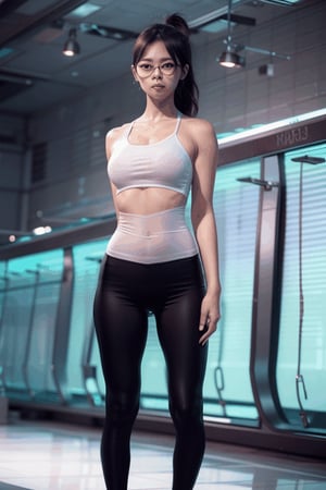 as an slim fit asian woman wearing round glasses standing sexy wearing tight leggins she have straight bangs and a side ponytail,  1girl,  solo,  glasses,  black hair,  looking at viewer,  realistic,  black-framed eyewear,  side-ponytail hair,  full body picture, medium length hair, DANCING, open legs
,Realism,realhands,chinatsumura,flash,flashlight