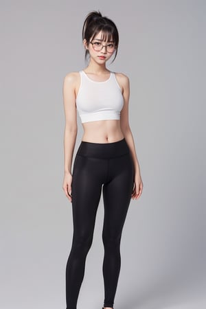 as an slim fit asian woman wearing round glasses standing sexy wearing tight leggins she have straight bangs and a side ponytail,  1girl,  solo,  glasses,  black hair,  looking at viewer,  realistic,  black-framed eyewear,  side-ponytail hair,  full body picture, medium length hair
