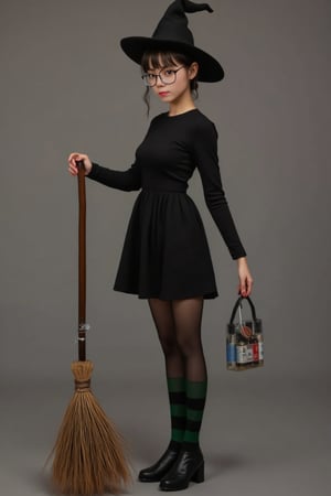  Pointed hat, broomstick, black dress, potion bottles, striped stockings.. lynn, petite, slim, short height, round glasses, straight bangs, wavy hair, buns