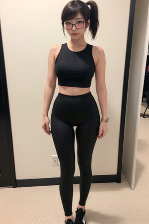 as an slim fit asian woman wearing round glasses standing sexy wearing tight leggins she have straight bangs and a side ponytail,  1girl,  solo,  glasses,  black hair,  looking at viewer,  realistic,  black-framed eyewear,  side-ponytail hair,  full body picture, medium length hair
