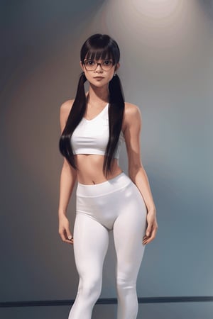 as an slim fit asian woman wearing round glasses standing sexy wearing tight leggins she have straight bangs and a side ponytail,  1girl,  solo,  glasses,  black hair,  looking at viewer,  realistic,  black-framed eyewear,  side-ponytail hair,  full body picture, medium length hair, DANCING, open legs
,Realism,realhands,chinatsumura