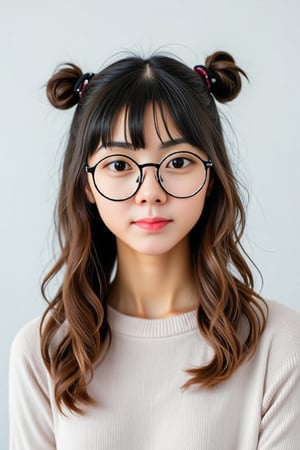 Lynn stands confidently in a bright, sunlit room with a plain white background. She faces directly at the camera, her round glasses framing her gentle features. Her straight bangs fall just above her eyebrows, with loose strands framing her face on either side. Wavy hair cascades down her back, and two tidy side-buns sit atop her head, adding a touch of whimsy to her overall demeanor. lynn, female asian slim petite