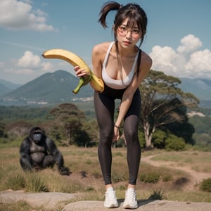 full body, an asian female slim sexy fit with small breast, straight bangs and side ponytail hair, wearing round glasses and leggins and shoes, holding a long banana with one hand, bending the back and Approaching to viewer, next to a gorilla
