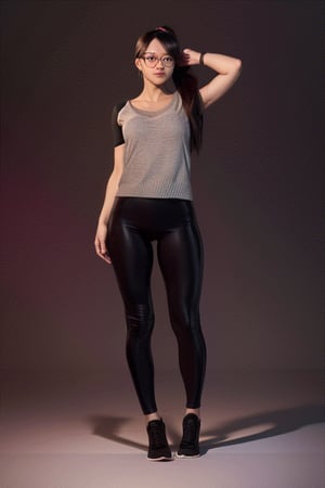 as an slim fit asian woman wearing round glasses standing sexy wearing tight leggins she have straight bangs and a side ponytail,  1girl,  solo,  glasses,  black hair,  looking at viewer,  realistic,  black-framed eyewear,  side-ponytail hair,  full body picture, medium length hair, DANCING, open legs
