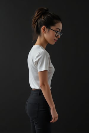 lynn, Lynn, petite, slim, Lynn's confident pose is captured from behind, showcasing her slender physique against a simple, dark background. Her ponytailed hair flows down the back of her head, framing her sleek black sneakers and black denim pants that peek out from under a white T-shirt with short sleeves. A subtle smile plays on her lips as she gazes off-camera, her round black-framed eyewear adding sophistication to her profile.