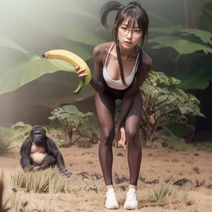 full body, an asian female slim sexy fit with small breast, straight bangs and side ponytail hair, wearing round glasses and leggins and shoes, holding a long banana with one hand, bending the back and Approaching to viewer, next to a gorilla
