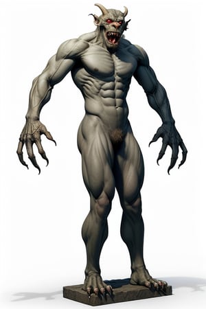 a hairy ugly monster standing in front of a white background, white background, simple background, full body, arms at sides, T pose, luis royo style, slim, skinny, big hands, gargoyle
