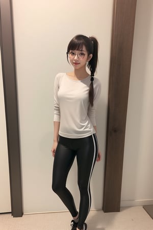 as an slim fit asian woman wearing round glasses standing sexy wearing tight leggins she have straight bangs and a side ponytail,  1girl,  solo,  glasses,  black hair,  looking at viewer,  realistic,  black-framed eyewear,  side-ponytail hair,  full body picture, medium length hair
