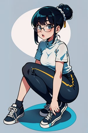 asian girl, slim, fit, sexy, short height, twenty years old, round_glasses, straight_bangs, side-buns hair, wearing black leggins, qi-pao_style_short_shirt, gray_converse_shoes, full_body