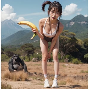 full body, an asian female slim sexy fit with small breast, straight bangs and side ponytail hair, wearing round glasses and leggins and shoes, holding a long banana with one hand, bending the back and Approaching to viewer, next to a gorilla
