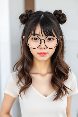 Lynn stands confidently in a bright, sunlit room with a plain white background. She faces directly at the camera, her round glasses framing her gentle features. Her straight bangs fall just above her eyebrows, with loose strands framing her face on either side. Wavy hair cascades down her back, and two tidy side-buns sit atop her head, adding a touch of whimsy to her overall demeanor. lynn, female asian slim petite