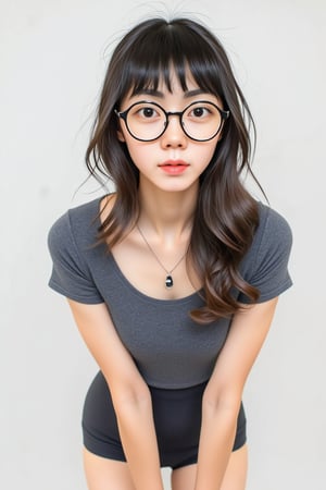 1girl, lynn, Asian young female slim fit wearing round eyewear glasses big black-framed round eyewear, straight bangs long at sides with long strings of hair at sides of the bangs, wavy hair, full body picture, standing straight with her legs open and one arm up