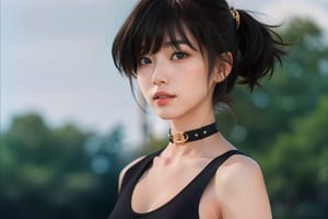 as an slim fit asian woman standing sexy wearing tight leggins she have straight bangs and a side ponytail,  1girl,  solo,    black hair,   realistic, bob haircut, medium length hair
