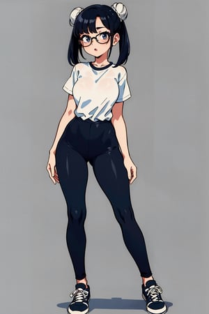 asian girl, slim, fit, sexy, short height, twenty years old, round_glasses, straight_bangs, side-buns hair, wearing black leggins, qi-pao_style_short_shirt, gray_converse_shoes, full_body