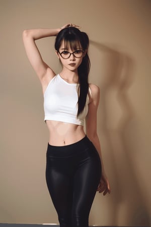 as an slim fit asian woman wearing round glasses standing sexy wearing tight leggins she have straight bangs and a side ponytail,  1girl,  solo,  glasses,  black hair,  looking at viewer,  realistic,  black-framed eyewear,  side-ponytail hair,  full body picture, medium length hair, DANCING, open legs
,Realism,realhands,chinatsumura