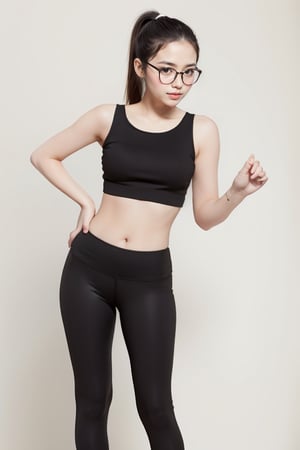 as an slim fit asian woman wearing round glasses standing sexy wearing tight leggins she have straight bangs and a side ponytail,  1girl,  solo,  glasses,  black hair,  looking at viewer,  realistic,  black-framed eyewear,  side-ponytail hair,  full body picture, medium length hair
,Detailedface, ,realhands