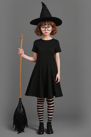  Pointed hat, broomstick, black dress, potion bottles, striped stockings.. lynn, petite, slim, short height, round glasses, straight bangs, wavy hair, buns