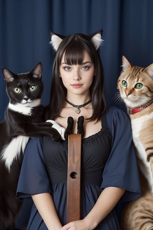 a photo of young woman with straigh bangs holding a slingshot behind five cats, cat, 1girl, black cat, long hair, dress, emily the strange