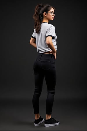 lynn, Lynn, petite, slim, Lynn's confident pose is captured from behind, showcasing her slender physique against a simple, dark background. Her ponytailed hair flows down the back of her head, framing her sleek black sneakers and black denim pants that peek out from under a white T-shirt with short sleeves. A subtle smile plays on her lips as she gazes off-camera, her round black-framed eyewear adding sophistication to her profile.