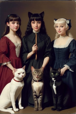 a photo of young woman with straigh bangs holding a slingshot behind five cats, cat, 1girl, black cat, long hair, dress, emily the strange