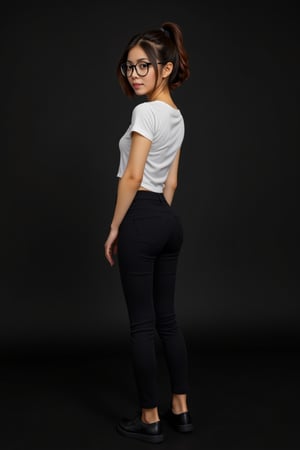 lynn, Lynn, petite, slim, Lynn's confident pose is captured from behind, showcasing her slender physique against a simple, dark background. Her ponytailed hair flows down the back of her head, framing her sleek black sneakers and black denim pants that peek out from under a white T-shirt with short sleeves. A subtle smile plays on her lips as she gazes off-camera, her round black-framed eyewear adding sophistication to her profile.