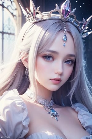 There is a woman in a white dress with a crown on her head, a beautiful fantasy queen, ((beautiful fantasy queen)), a portrait of a princess, a work of art in the Guvez style. 5D CGI anime fantasy artwork, (8K high quality, masterpiece), detailed background,