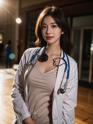 shopping mall, long blonde fringe hair, brown eyes, 1 busty girl, doctor, Stethoscope on neck, smile, innocent, 100mm lens, (photorealistic, lens flare:1.4), look right side,  as doctor, uniform, (intricate details:1.2),(masterpiece, :1.3),(best quality:1.4), (ultra highres:1.2), ultra high res, (detailed eyes), (detailed facial features), HDR, 8k resolution, (Stethoscope), far view, reflections on floor, low cut open cloth