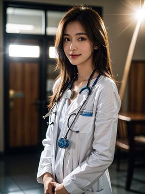 shopping mall, long blonde fringe hair, brown eyes, 1 busty girl, doctor, Stethoscope on neck, smile, innocent, 100mm lens, (photorealistic, lens flare:1.4), look right side,  as doctor, uniform, (intricate details:1.2),(masterpiece, :1.3),(best quality:1.4), (ultra highres:1.2), ultra high res, (detailed eyes), (detailed facial features), HDR, 8k resolution, (Stethoscope), far view, reflections on floor, low cut open cloth