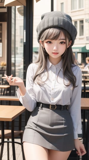 masterpiece, high quality, best quality, beautiful, hd, perfect lighting, detailed face, detailed body, 1 cute face girl, solo, (long gray hair), brown eyes, medium breasts, ((short skirt)), (gray hat), in front of a cafe,