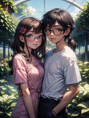 (masterpiece,upper body shot,best_quality,8k),sweet smile couple walking in the flower dome,casual summer wear,(chubby medium long hair cute girl,skinny tall short hair cute boy:1.3),glasses,(prefect cute face couple),