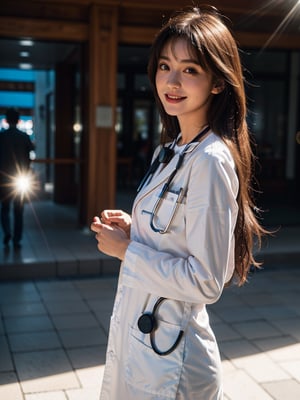 shopping mall, long blonde fringe hair, brown eyes, 1 busty girl, doctor, Stethoscope on neck, smile, innocent, 100mm lens, (photorealistic, lens flare:1.4), look right side,  as doctor, uniform, (intricate details:1.2),(masterpiece, :1.3),(best quality:1.4), (ultra highres:1.2), ultra high res, (detailed eyes), (detailed facial features), HDR, 8k resolution, (Stethoscope), far view, reflections on floor, low cut open cloth