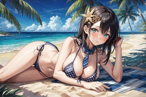 1 girl,black hair,hair ornament,blush,green eyes,female_solo, poke nipples,polka dot,front tie bikini,looking at viewer,lying on sand, Palms trees,big_boobies,beach full body