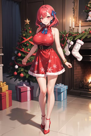 1 girl,medium_huge_breasts, red and pink_eyes,red and blue_hair,standing,dress,snowflake printed dress,shorts dress,blue dress,bracelets, indoors, christmas trees, smiling,high heels,tigh highs, full body